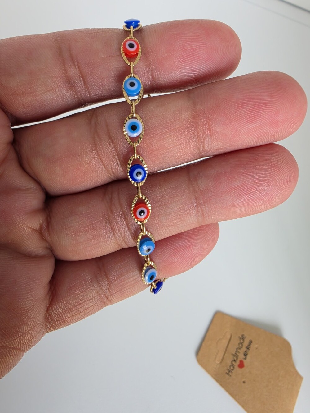 Gold Tone Evil Eye Bracelet Blue Red Nazar Charm 7" Dainty Boho - Picture 2 of 5